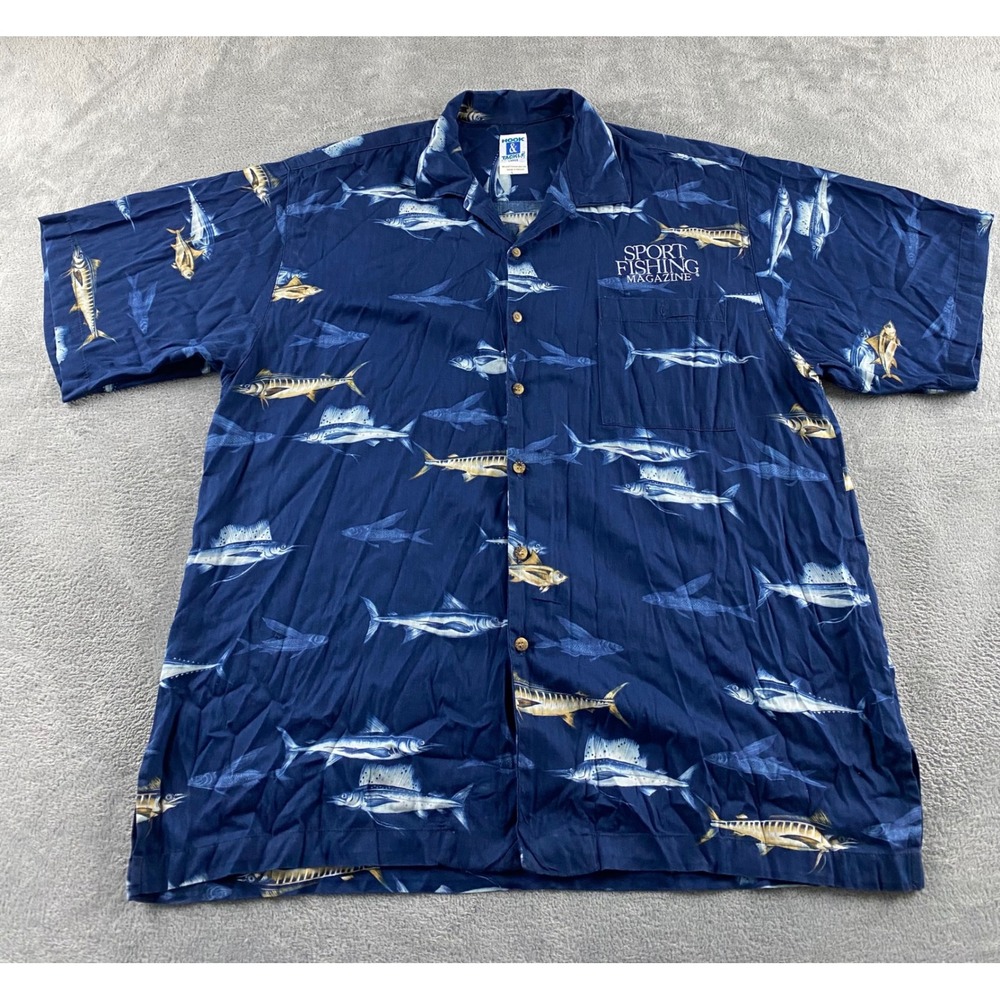 Hook & Tackle Sport Fishing Magazine Marlin Print Shirt Mens Large Navy Blue